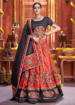 Red Gamthi Print & Real Mirror Silk Blend Semi Stitched Lehenga Set 1