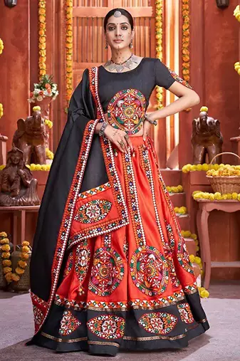 Red Gamthi Print & Real Mirror Silk Blend Semi Stitched Lehenga Set
