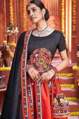 Red Gamthi Print & Real Mirror Silk Blend Semi Stitched Lehenga Set 2