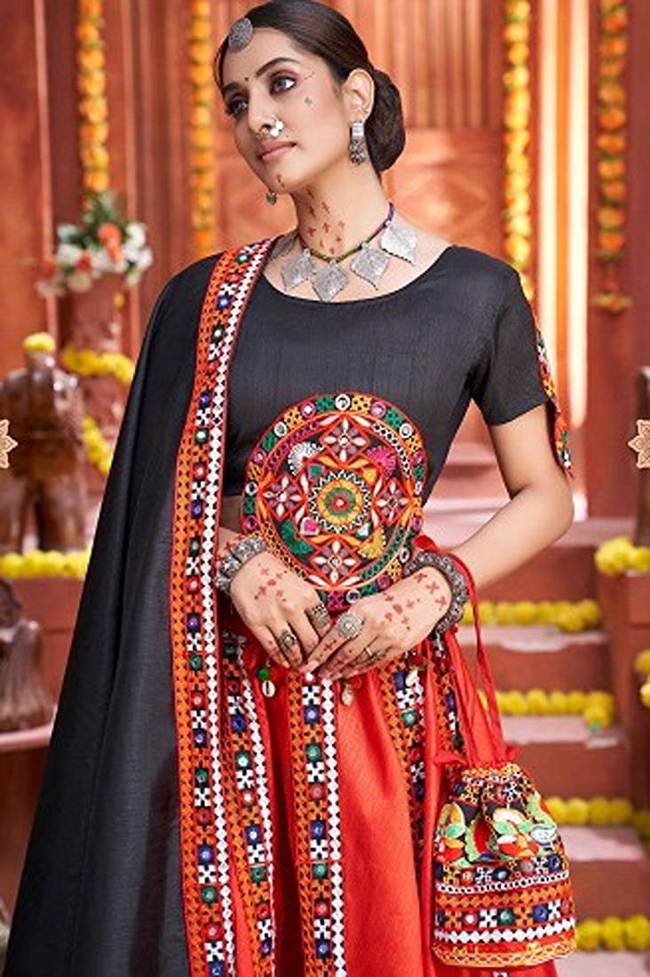 Red Gamthi Print & Real Mirror Silk Blend Semi Stitched Lehenga Set