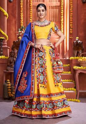 Yellow Gamthi Print & Real Mirror Silk Blend Semi Stitched Lehenga Set 1