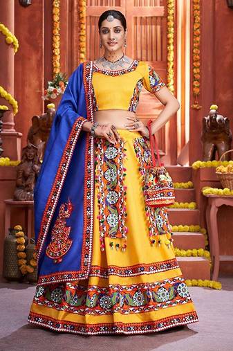 Yellow Gamthi Print & Real Mirror Silk Blend Semi Stitched Lehenga Set