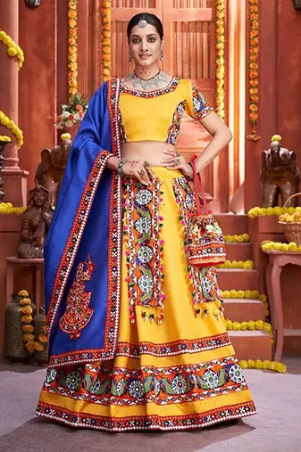 Yellow Gamthi Print & Real Mirror Silk Blend Semi Stitched Lehenga Set