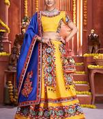 Yellow Gamthi Print & Real Mirror Silk Blend Semi Stitched Lehenga Set