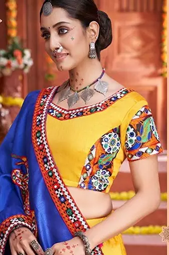 Yellow Gamthi Print & Real Mirror Silk Blend Semi Stitched Lehenga Set
