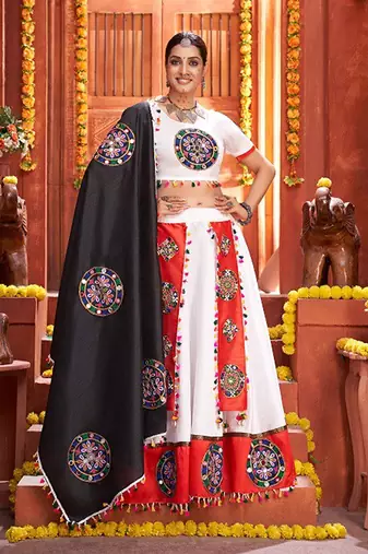White Gamthi Print & Real Mirror Silk Blend Semi Stitched Lehenga Set