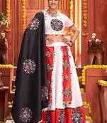 White Gamthi Print & Real Mirror Silk Blend Semi Stitched Lehenga Set