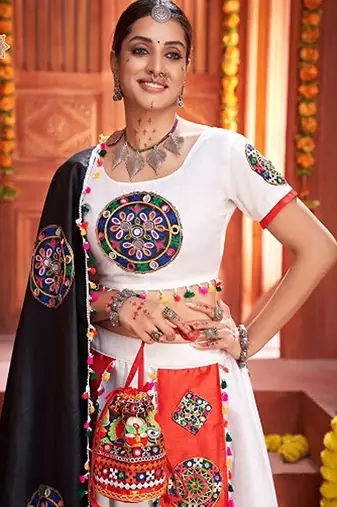 White Gamthi Print & Real Mirror Silk Blend Semi Stitched Lehenga Set