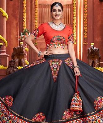 Black Gamthi Print & Real Mirror Silk Blend Semi Stitched Lehenga Set 1