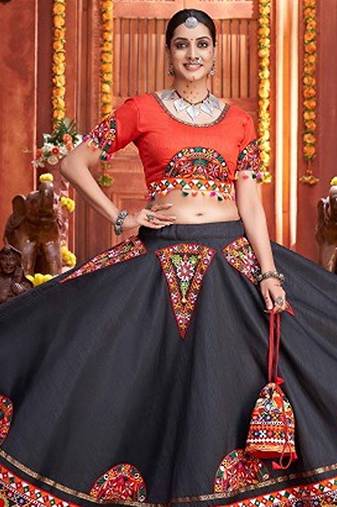 Black Gamthi Print & Real Mirror Silk Blend Semi Stitched Lehenga Set