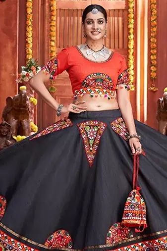 Black Gamthi Print & Real Mirror Silk Blend Semi Stitched Lehenga Set