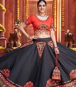 Black Gamthi Print & Real Mirror Silk Blend Semi Stitched Lehenga Set