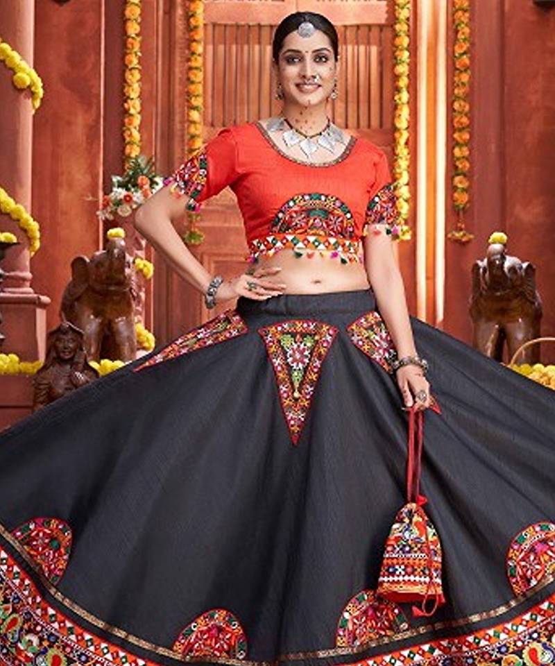 Black Gamthi Print & Real Mirror Silk Blend Semi Stitched Lehenga Set