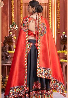 Black Gamthi Print & Real Mirror Silk Blend Semi Stitched Lehenga Set 2