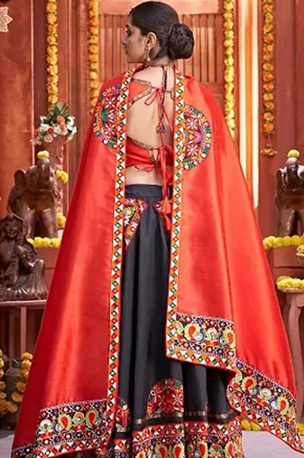 Black Gamthi Print & Real Mirror Silk Blend Semi Stitched Lehenga Set