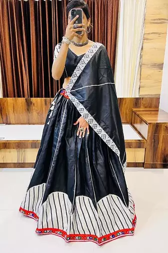 Black Gamthi Print & Mirror Work Blended Cotton Semi Stitched Lehenga Set