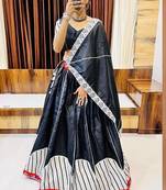 Black Gamthi Print & Mirror Work Blended Cotton Semi Stitched Lehenga Set