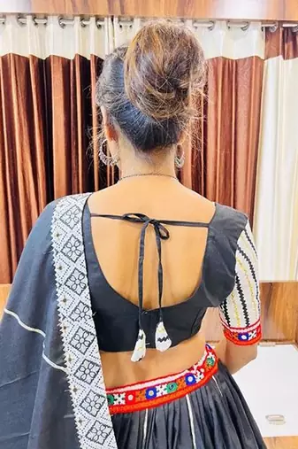 Black Gamthi Print & Mirror Work Blended Cotton Semi Stitched Lehenga Set
