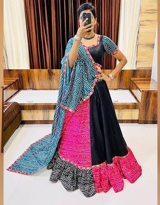 Multi Gamthi Print & Mirror Work Blended Cotton Semi Stitched Lehenga Set 1