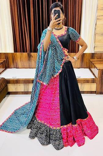 Multi Gamthi Print & Mirror Work Blended Cotton Semi Stitched Lehenga Set