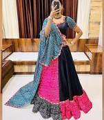 Multi Gamthi Print & Mirror Work Blended Cotton Semi Stitched Lehenga Set