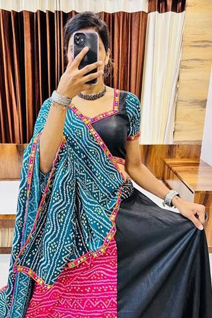 Multi Gamthi Print & Mirror Work Blended Cotton Semi Stitched Lehenga Set