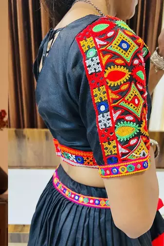 Black Gamthi Print & Mirror Work Blended Cotton Semi Stitched Lehenga Set