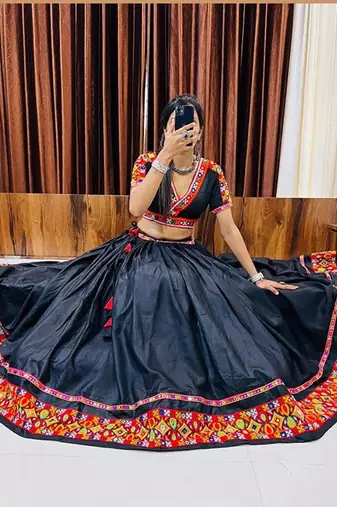 Black Gamthi Print & Mirror Work Blended Cotton Semi Stitched Lehenga Set