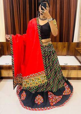 Multi Gamthi Print & Mirror Work Blended Cotton Semi Stitched Lehenga Set 1