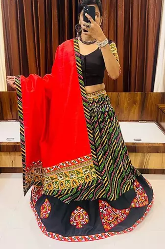 Multi Gamthi Print & Mirror Work Blended Cotton Semi Stitched Lehenga Set