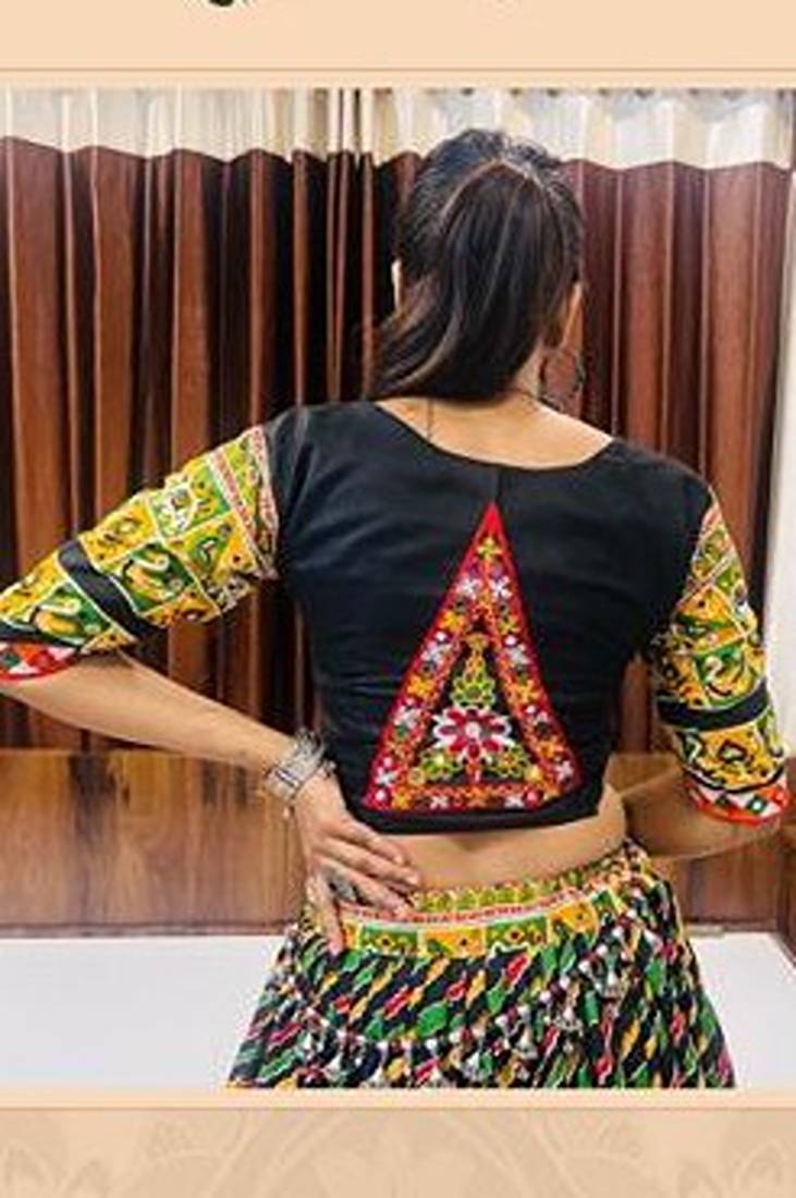 Multi Gamthi Print & Mirror Work Blended Cotton Semi Stitched Lehenga Set