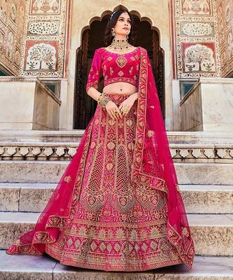 Pink Zari Embroidered & Stone Work Velvet Semi Stitched Lehenga Set 1