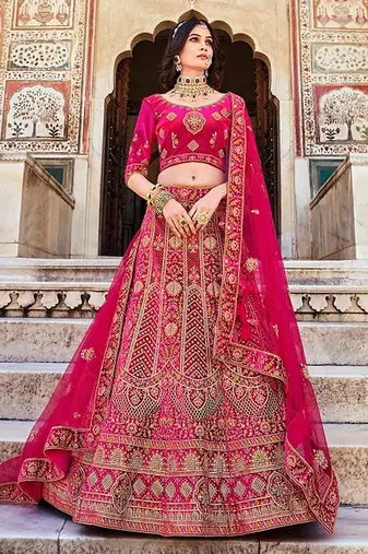 Pink Zari Embroidered & Stone Work Velvet Semi Stitched Lehenga Set