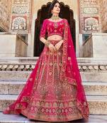 Pink Zari Embroidered & Stone Work Velvet Semi Stitched Lehenga Set