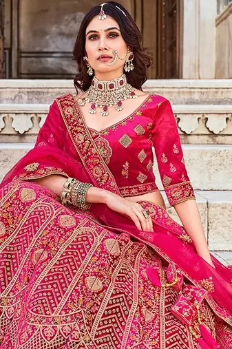 Pink Zari Embroidered & Stone Work Velvet Semi Stitched Lehenga Set