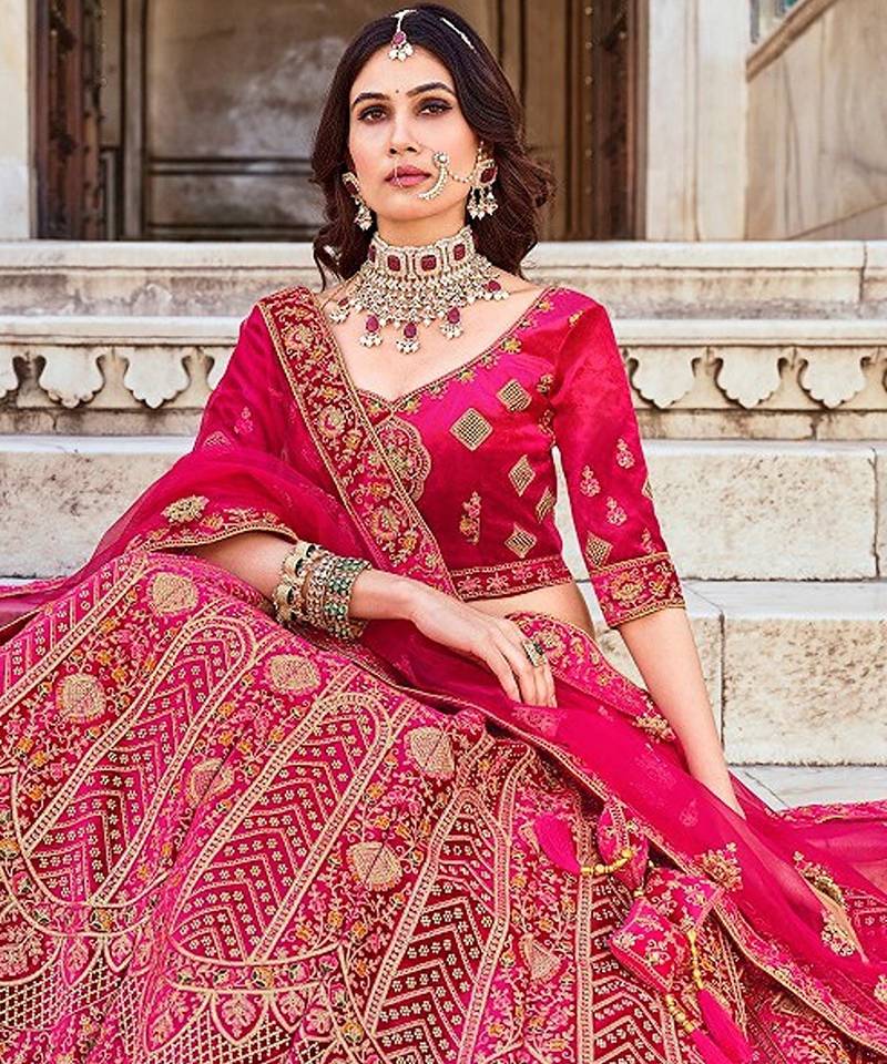 Pink Zari Embroidered & Stone Work Velvet Semi Stitched Lehenga Set