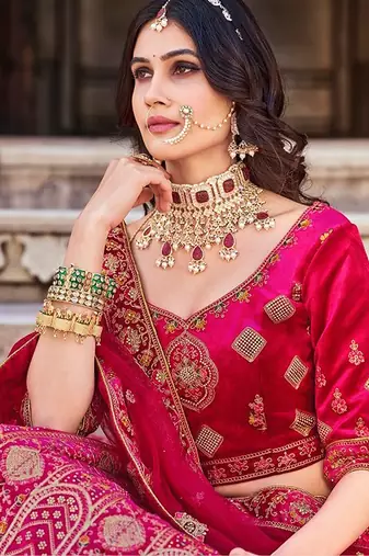 Pink Zari Embroidered & Stone Work Velvet Semi Stitched Lehenga Set