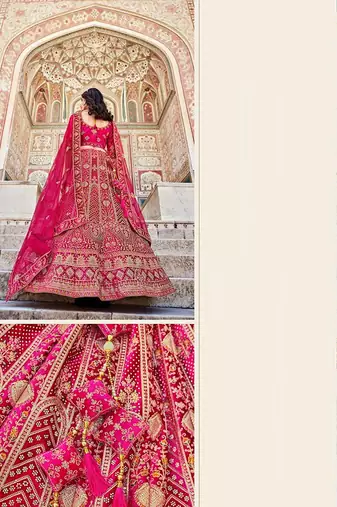 Pink Zari Embroidered & Stone Work Velvet Semi Stitched Lehenga Set