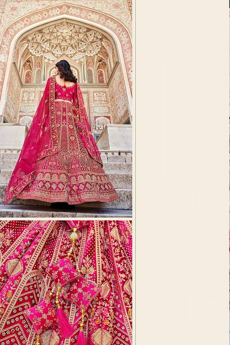 Pink Zari Embroidered & Stone Work Velvet Semi Stitched Lehenga Set
