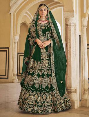 Green Zari Embroidered & Stone Work Velvet Semi Stitched Lehenga Set 1