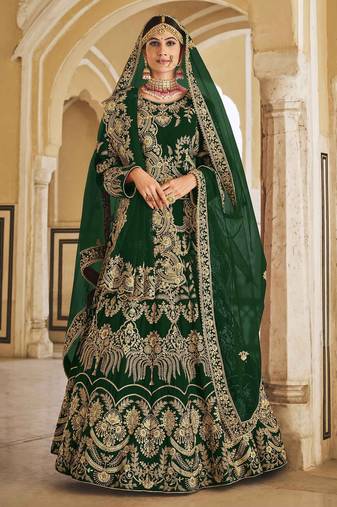 Green Zari Embroidered & Stone Work Velvet Semi Stitched Lehenga Set