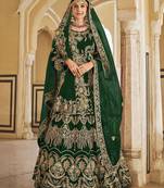 Green Zari Embroidered & Stone Work Velvet Semi Stitched Lehenga Set