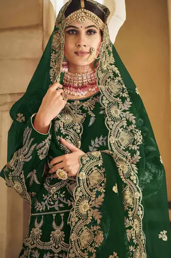 Green Zari Embroidered & Stone Work Velvet Semi Stitched Lehenga Set