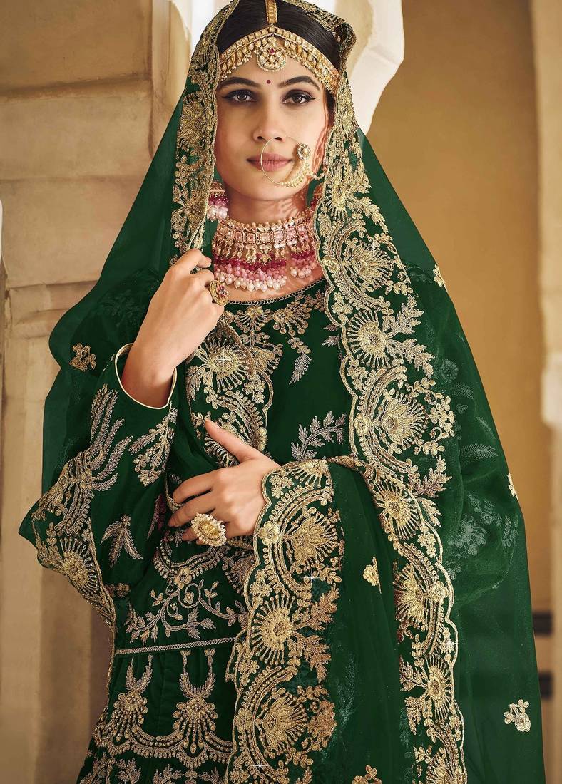 Green Zari Embroidered & Stone Work Velvet Semi Stitched Lehenga Set