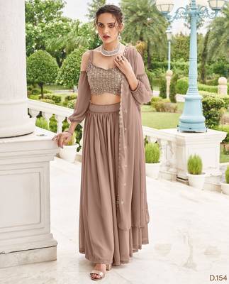 Fawn Embroidery Thread & Sequins Georgette Semi Stitched Lehenga Set 1