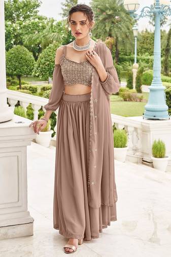 Fawn Embroidery Thread & Sequins Georgette Semi Stitched Lehenga Set