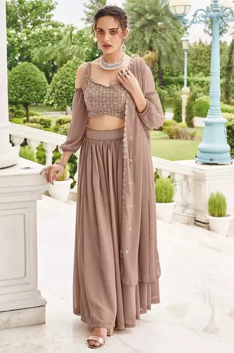 Fawn Embroidery Thread & Sequins Georgette Semi Stitched Lehenga Set