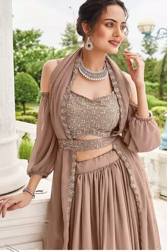 Fawn Embroidery Thread & Sequins Georgette Semi Stitched Lehenga Set