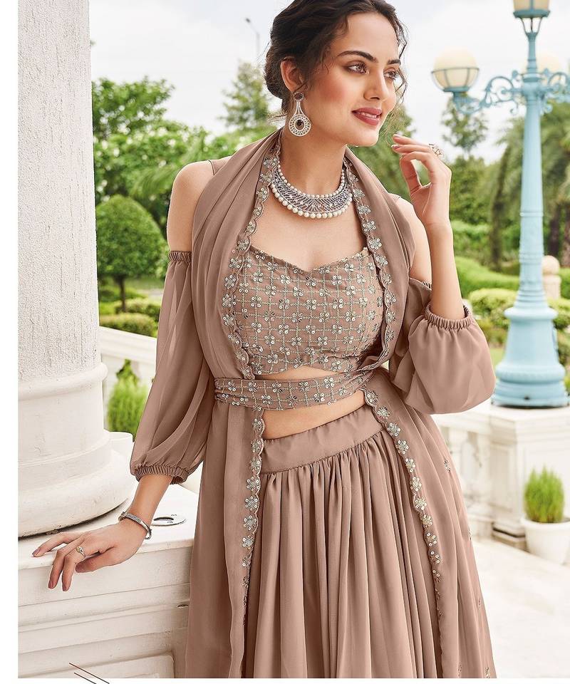 Fawn Embroidery Thread & Sequins Georgette Semi Stitched Lehenga Set