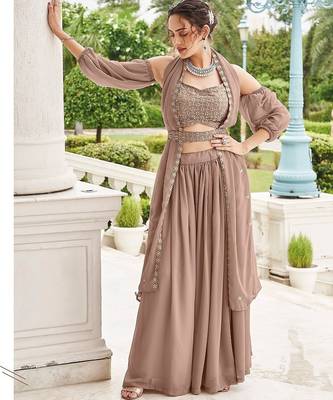 Fawn Embroidery Thread & Sequins Georgette Semi Stitched Lehenga Set 4